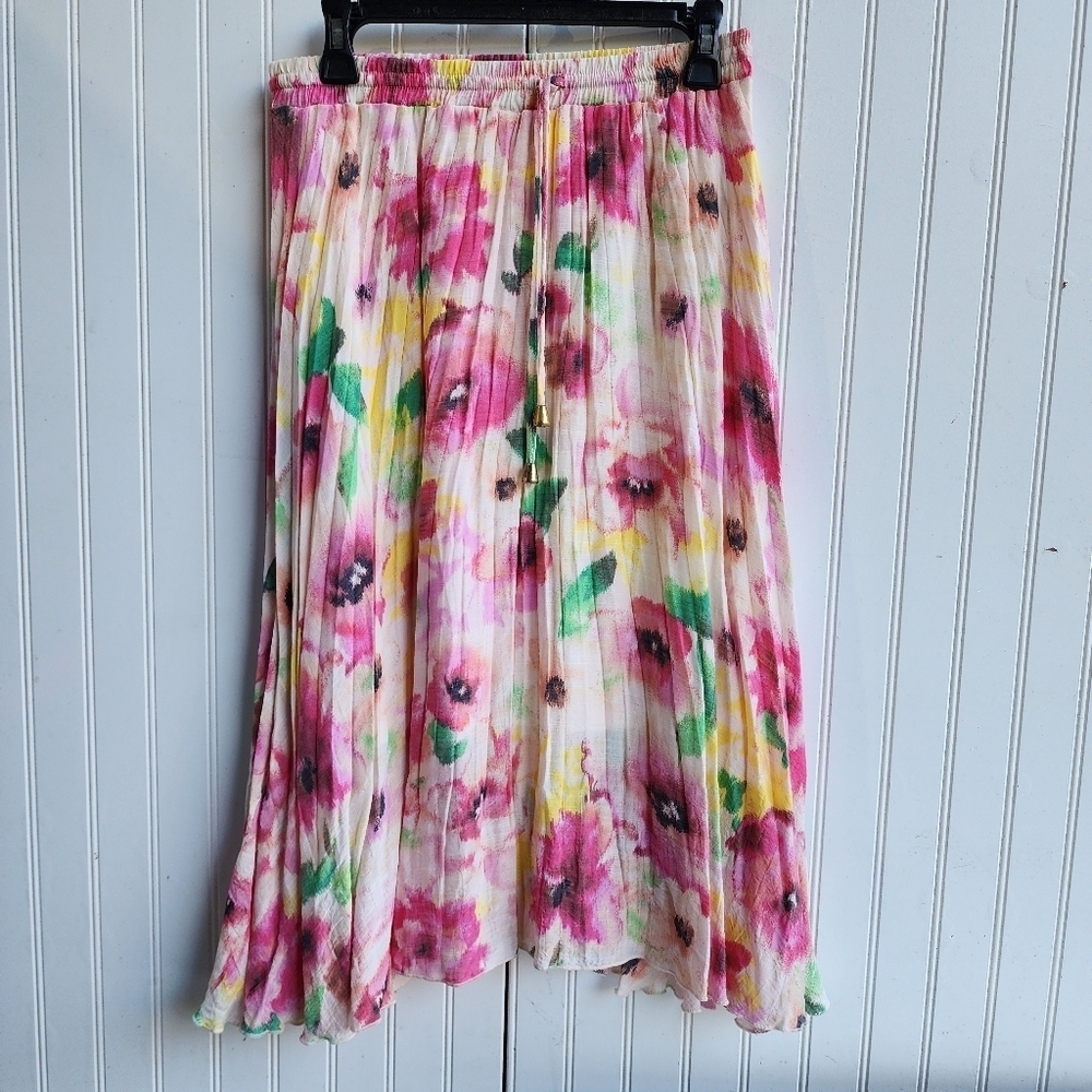 Indigo Rose BOHO Floral Midi Skirt Pink Floral Women Pleated Drawstring Sz M